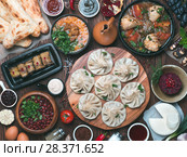 Georgian cuisine on wooden table, top view. Стоковое фото, фотограф Ольга Сергеева / Фотобанк Лори