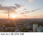 view of the city of Kiev with Dorogozhychi distric with a TV tower on sunset. Стоковое фото, фотограф Ярослав Данильченко / Фотобанк Лори