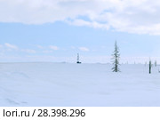 Заполярье, Ямало-Ненецкий округ, Тазовский район, месторождение "Русское", в 135 км от порта Находка Тюменской области гигантское месторождение тяжелой нефти,окрестные заполярные пейзажи, зимник,  весенний пейзаж заполярья, вдали буровая вышка, Стоковое фото, фотограф Александр Циликин / Фотобанк Лори