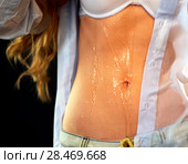 Sexual woman drinking water from bottle, pours on breasts. Стоковое фото, фотограф Gennadiy Poznyakov / Фотобанк Лори