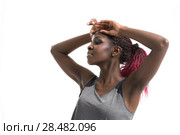 Portrait of a young cheerful african sport woman isolated on white background. Стоковое фото, агентство Ingram Publishing / Фотобанк Лори