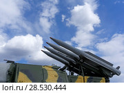 Verkhnyaya Pyshma, Russia - May 01, 2018: old shabby self-propelled missile launcher 9A310 of the Buk anti-aircraft missile system in the museum of military equipment. Редакционное фото, фотограф Евгений Харитонов / Фотобанк Лори
