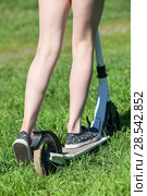 Kid rides push-bicycle on green grass, close up rear view at legs wearing shoes. Стоковое фото, фотограф Кекяляйнен Андрей / Фотобанк Лори