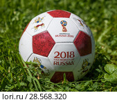 Футбольный мяч с символикой Чемпионата мира по футболу 2018 года в России лежит на зелённом газоне. Редакционное фото, фотограф Игорь Низов / Фотобанк Лори