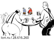 Мужчины беседуют за кружкой пива. Карикатура. Стоковая иллюстрация, иллюстратор Олег Хархан / Фотобанк Лори