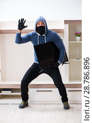 Man burglar stealing tv set from house. Стоковое фото, фотограф Elnur / Фотобанк Лори