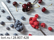 Fruits pattern of fresh summer blueberries, cherries, raspberries on gray background. Top view. Стоковое фото, фотограф Ярослав Данильченко / Фотобанк Лори