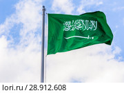 The national flag of Saudi Arabia flutters in the wind against the blue cloudy sky. Стоковое фото, фотограф Акиньшин Владимир / Фотобанк Лори
