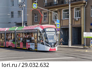 Трамвай 71-931М "Витязь-М" № 31072, маршрут № 9 на Лесной улице с рекламой "Авито" (2018 год). Редакционное фото, фотограф Алёшина Оксана / Фотобанк Лори