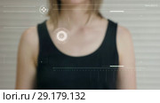 Young girl press on futuristic user interface concept screen. Graphical User Interface - GUI. Head up Display - HUD. Internet of things. Стоковое видео, видеограф Dzmitry Astapkovich / Фотобанк Лори