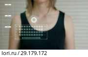 Young girl press on futuristic user interface concept screen. Graphical User Interface - GUI. Head up Display - HUD. Internet of things. Стоковое видео, видеограф Dzmitry Astapkovich / Фотобанк Лори