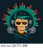Hipster monkey is a music lover with headphones and two microphones. Musical battle. Стоковая иллюстрация, иллюстратор Александр Павлов / Фотобанк Лори