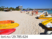 Ayia Napa, Cyprus - November 1. 2018. Pedal catamarans on Makronissos Beach Resort. Редакционное фото, фотограф Володина Ольга / Фотобанк Лори