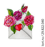 Envelope with Burgundy roses and a heart. Стоковая иллюстрация, иллюстратор Марина Сапрунова / Фотобанк Лори