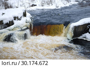 Voitsky Padun waterfall close up in the February afternoon. Karelia, Russia. Стоковое фото, фотограф Виктор Карасев / Фотобанк Лори