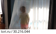 Little boy behind curtains in room. Стоковое видео, видеограф Ekaterina Demidova / Фотобанк Лори