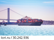 Tugboat towing full loaded cargo ship from port (2014 год). Стоковое фото, фотограф Сергей Новиков / Фотобанк Лори