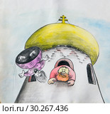 A man threw his unfaithful wife off the bell tower. Family violence and tragedy. Стоковая иллюстрация, иллюстратор Олег Хархан / Фотобанк Лори