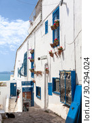 Центральные улицы сине-белого города Сиди-Бу-Саид (Sidi Bou Said) с красивыми фасадами и узкими лестницами. Тунис, Африка (2012 год). Редакционное фото, фотограф Кекяляйнен Андрей / Фотобанк Лори