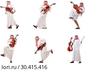 Arab man playing cello isolated on white. Стоковое фото, фотограф Elnur / Фотобанк Лори