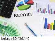 Графики, диаграммы, калькулятор, ручка, евро и надпись "Report" на столе. Подготовка финансового отчета. Стоковое фото, фотограф Наталья Гармашева / Фотобанк Лори