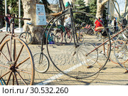Russia, Krasnodar - March 31, 2019: Penny-farthing bike. Редакционное фото, фотограф Алексей Букреев / Фотобанк Лори