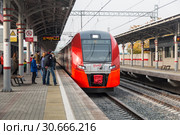 Train "Swallow" arrives at the passenger platform station "Shchelepikha" of the Moscow central ring (2016 год). Редакционное фото, фотограф Наталья Волкова / Фотобанк Лори