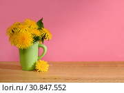 Одуванчики. Букет цветов в зеленой чашке на розовом фоне. Место для текста. Цвета. Стоковое фото, фотограф ирина реброва / Фотобанк Лори