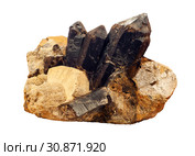 Conglomerate of morion, feldspar and mica crystals isolated on white background. Стоковое фото, фотограф Евгений Харитонов / Фотобанк Лори