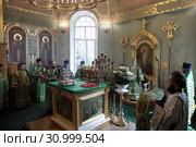 Праздник Троицы село Шарапово, митрополит Ювеналий и духовенство слушают чтение послание апостолов (2019 год). Редакционное фото, фотограф Дмитрий Неумоин / Фотобанк Лори