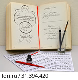 Предметы для занятия каллиграфией на фоне книги по каллиграфическому искусству (2019 год). Редакционное фото, фотограф Ирина Борсученко / Фотобанк Лори