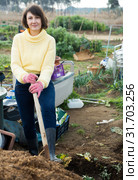 Girl in a yellow sweater digs beds with a shovel. Стоковое фото, фотограф Яков Филимонов / Фотобанк Лори