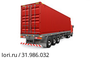 A large retro red truck with a sleeping part and an aerodynamic extension carries a trailer with a sea container. 3d rendering. Стоковая иллюстрация, иллюстратор Владимир Хапаев / Фотобанк Лори