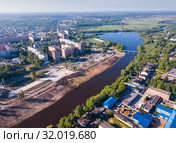 Panoramic view from drone of the residential district city Orekhovo-Zuyevo. Russia (2019 год). Стоковое фото, фотограф Яков Филимонов / Фотобанк Лори