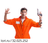 Prisoner with gun isolated on white background. Стоковое фото, фотограф Elnur / Фотобанк Лори