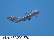 Moscow Russia Zhukovsky Airfield 31 August 2019: Demonstration of the Russian MiG-15 Bis 1120 (Fagot) the international aerospace salon MAKS-2019. Редакционное фото, фотограф Фотограф / Фотобанк Лори