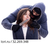 Gunman forcing a woman isolated on white. Стоковое фото, фотограф Elnur / Фотобанк Лори
