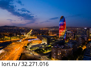 Aerial view of Torre Agbar at night (2019 год). Редакционное фото, фотограф Яков Филимонов / Фотобанк Лори