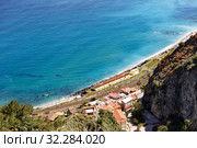 Aerial breathtaking view of Giardini Naxos railway station, shore of Ionian sea (2019 год). Стоковое фото, фотограф Ирина Мойсеева / Фотобанк Лори