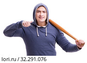 Young man hooligan with baseball bat isolated on white. Стоковое фото, фотограф Elnur / Фотобанк Лори