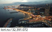 Famous Barceloneta beach on Mediterranean in Barcelona in night lights (2018 год). Стоковое видео, видеограф Яков Филимонов / Фотобанк Лори