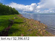 Берег Белого моря в солнечный летний день. Кандалакшский залив, Чупинская губа, Карелия, Россия, конец июня. Стоковое фото, фотограф Сергей Рыбин / Фотобанк Лори
