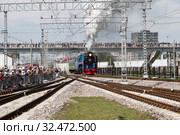 Паровоз серии Р36 0027 в действии на фестивале Железнодорожных войск Российской Федерации, Московская область, Россия (2016 год). Редакционное фото, фотограф Наталья Волкова / Фотобанк Лори