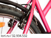 Centre-pull caliper brake or U-brakes on the rear of bicycle, isolated on white background. Стоковое фото, фотограф Кекяляйнен Андрей / Фотобанк Лори