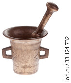 Bronze ancient mortar and pestle - isolated on white background. Стоковое фото, фотограф Sergiy Artsaba / PantherMedia / Фотобанк Лори
