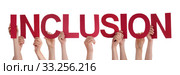 Many People Hands Holding Red Straight Word Inclusion. Стоковое фото, фотограф Nadja Blume / PantherMedia / Фотобанк Лори