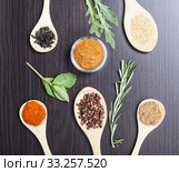 Colorful spices and wooden cutlery. Стоковое фото, фотограф Erika Eros / PantherMedia / Фотобанк Лори