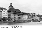 Luzerne landscape with old Town Hall clock tower (2017 год). Редакционное фото, фотограф EugeneSergeev / Фотобанк Лори
