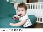 Baby girl is chewing plastic hairbrush while teething, Caucasian child is in domestic room. Стоковое фото, фотограф Кекяляйнен Андрей / Фотобанк Лори