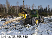 Механизированная вырубка леса. Трелевочный трактор John Deere 748H в работе. Mechanized felling clearing. John Deere 748H skidder at work. Стоковое фото, фотограф Евгений Романов / Фотобанк Лори
